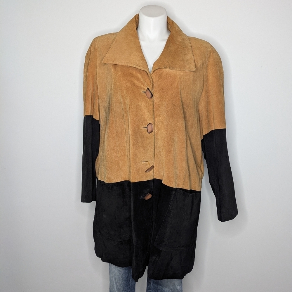 Vintage Jon Lawrence Black Tan Suede Leather Button Up Jacket 3X